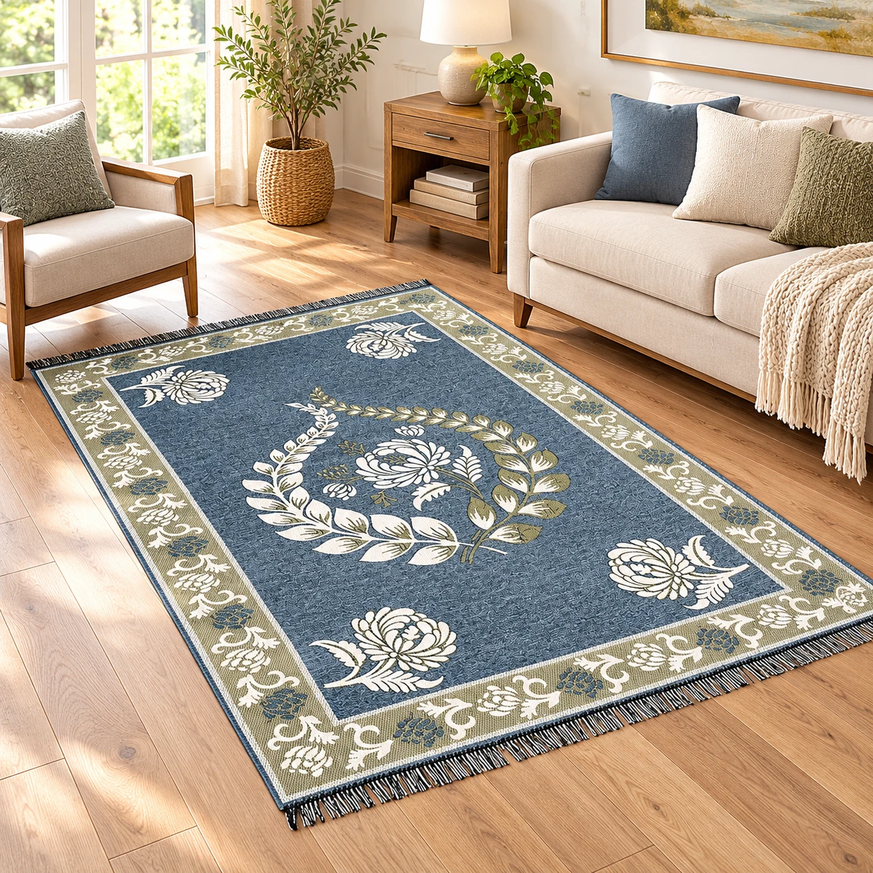 RADECOR Floral Design Rectangular Chenille Carpet, Grey, 5X7 Feet