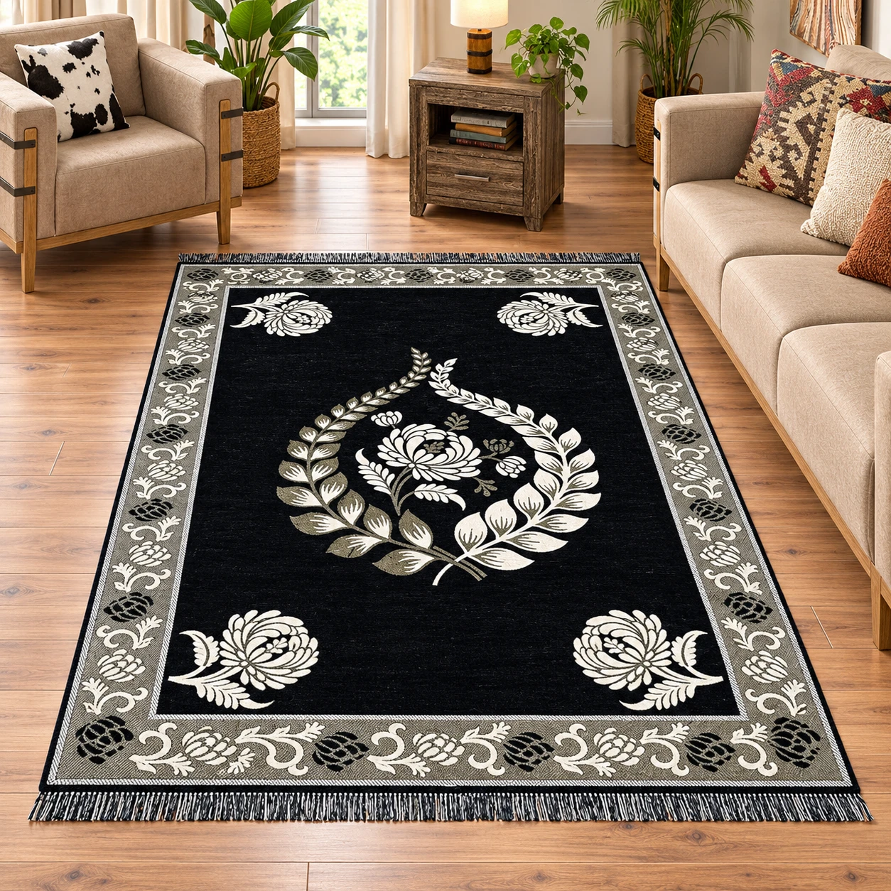 RADECOR Floral Design Sleek and Spacious Rectangular Chenille Carpet with Binding | Area Rug | Durries for Living Room, Bedroom |5X7 Feet (210 Cmx152 Cm) Black