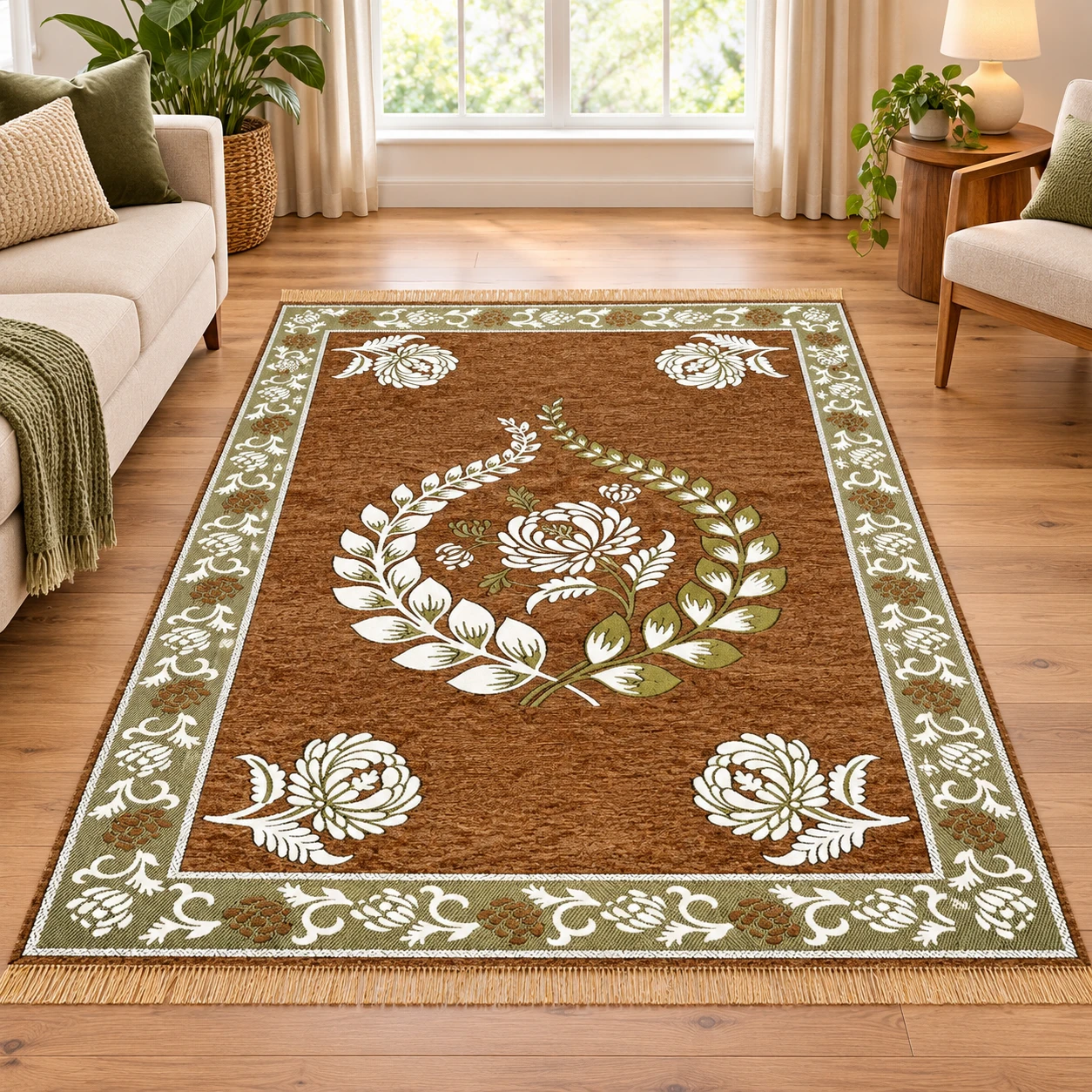 RADECOR Floral Design Rectangular Chenille Carpet, Beige, 5X7 Feet
