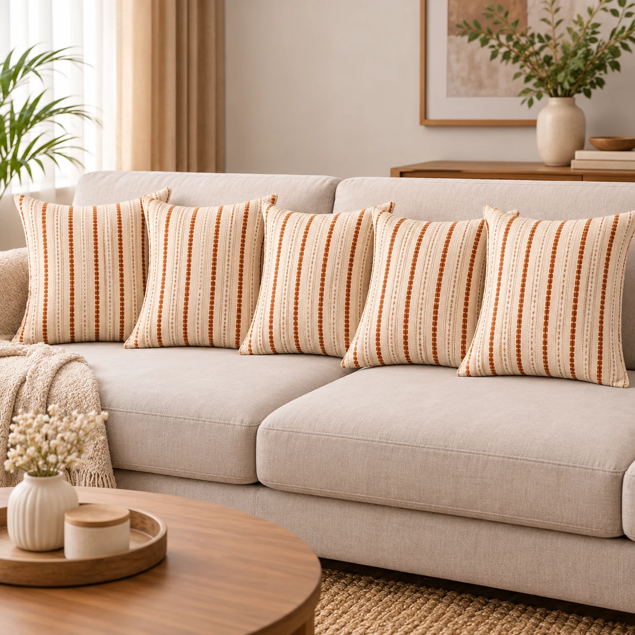 RADECOR Terra Stripe Cushion Cover Set of 5 | Premium Textured Decorative Throw Pillow Covers | Soft Woven Fabric | Hidden Zipper | Modern Boho Farmhouse Sofa Cushion Covers for Living Room, Bedroom