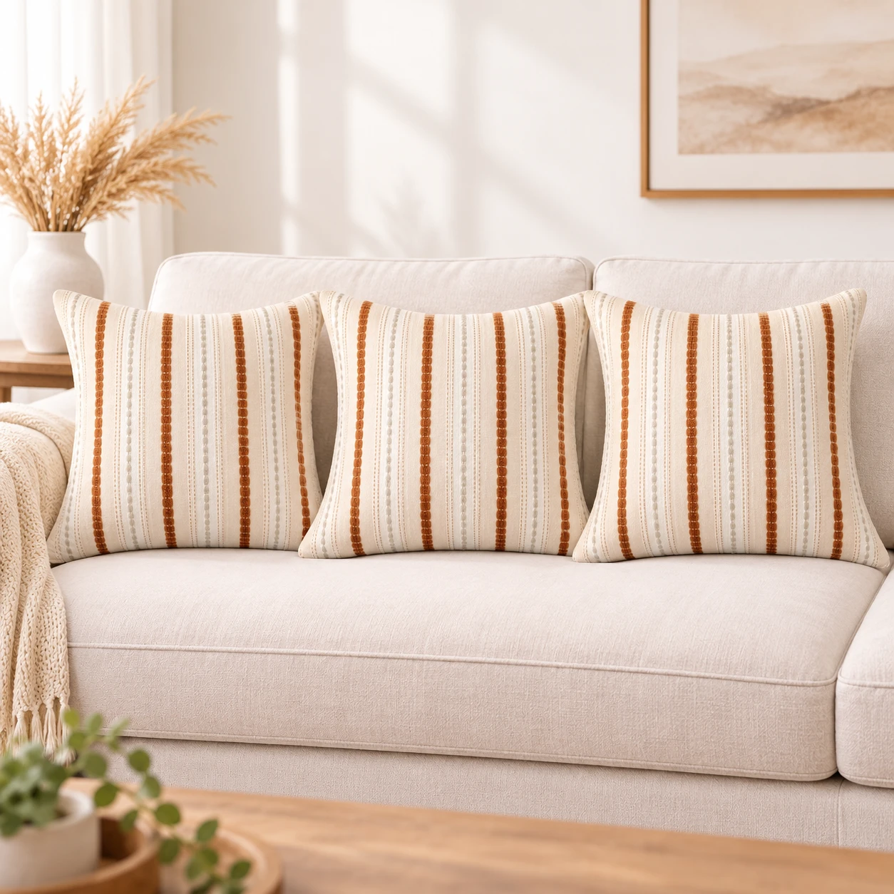 RADECOR Terra Stripe Cushion Cover Set of 3 | Premium Textured Decorative Throw Pillow Covers | Soft Woven Fabric | Hidden Zipper | Modern Boho Farmhouse Sofa Cushion Covers for Living Room, Bedroom