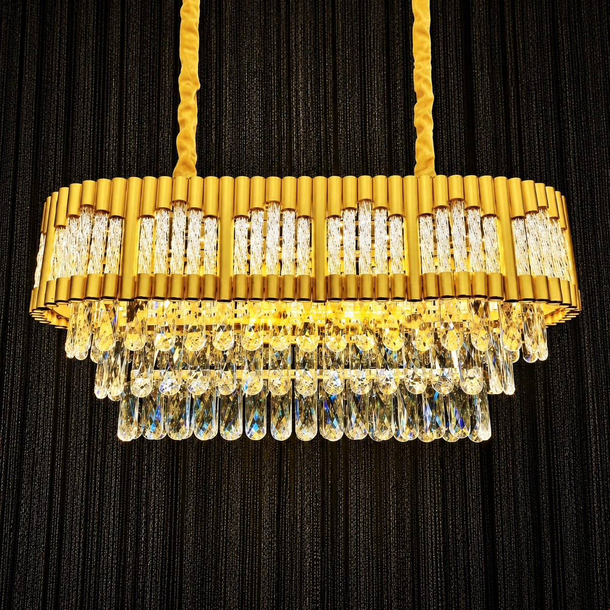 Tryka® Luxury Crystal Chandelier, 800x300mm, Gold Finish, Modern Design with Multi-Tier Glass Drops