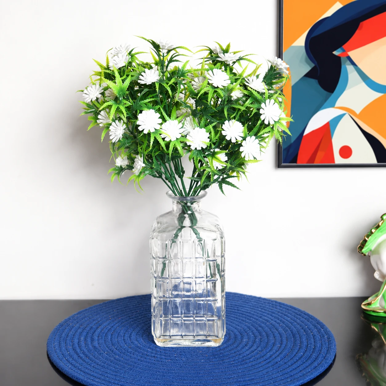 Foliyaj 2 Artificial White Gerba Bunches without Vase|Artificial Plants for Home Decor| Indoor Artificial Plants for Living Room|Artificial Plant Bunch