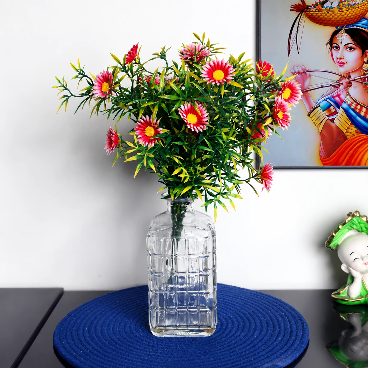 Foliyaj 2 Artificial Red Daisy Flower Bunches without Vase|Artificial Plants for Home Decor| Indoor Artificial Plants for Living Room|Artificial Plant Bunch
