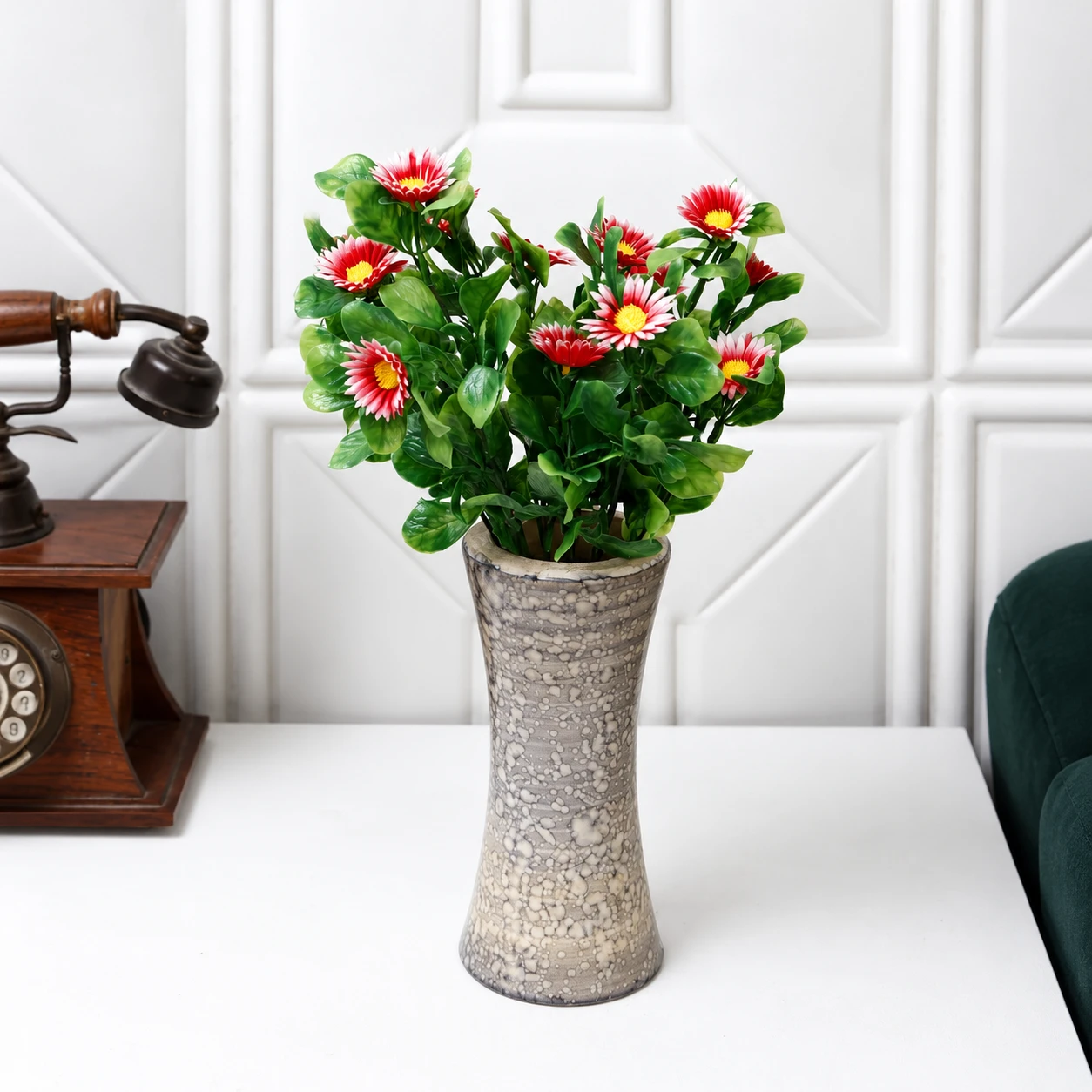 Foliyaj 2 Artificial Red Daisy Bunches without Vase|Artificial Plants for Indoor Home and Office Decor|Without Pot