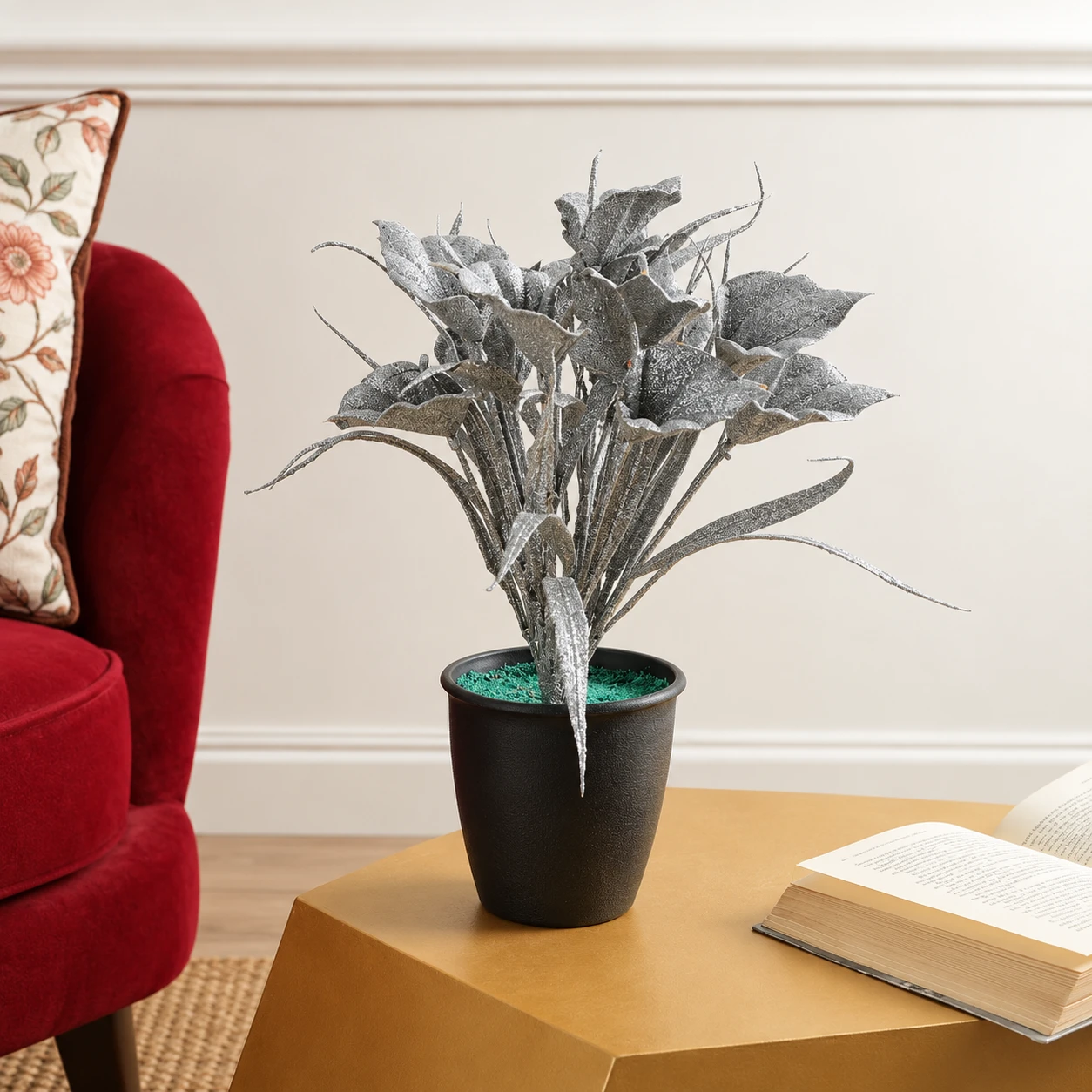 FOLIYAJ Spray Painted Silver Artificial Tulip Plant with Pot |Bonsai Tree|Artificial Flower|with Pot|Home Décor for Living Room Home Office Shop|House|Gift|Decoration