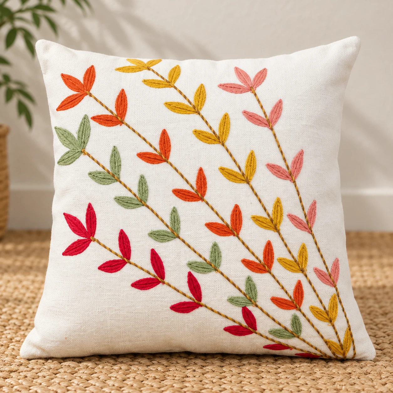 Indihomecraft Handicraft Cotton Cushion Cover - Hand Stitched Embroidery Decorative Art Boho Pillow Flower Leaf Hand Made Pillow Cover | Hand Stitch Square Shape 18X18 Inches Cushion Cover, Set of 1
