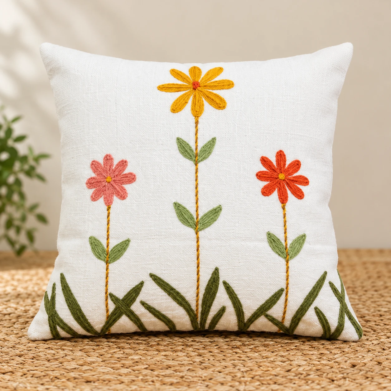 Indihomecraft Handicraft Cotton Cushion Cover - Hand Stitched Embroidery Decorative Art Boho Pillow Flower Printed Pillow Cover | Square Shape 18X18 Inches Cushion Cover, Set of 1
