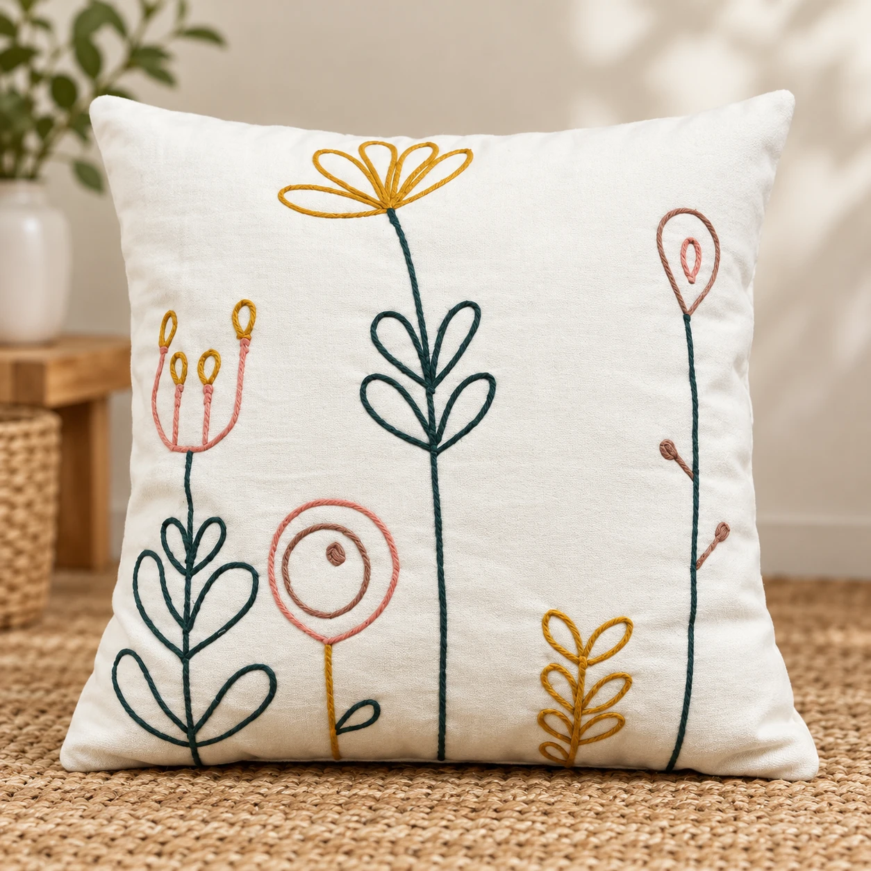 Indihomecraft White and Yellow Tufted Embroidered Cushion Cover Hand Craft Inspired Decorative Boho Cushion Cover for Sofa Couch Swing Chair Living Room & Bedroom 18 x 18 Inches, Pack of 1