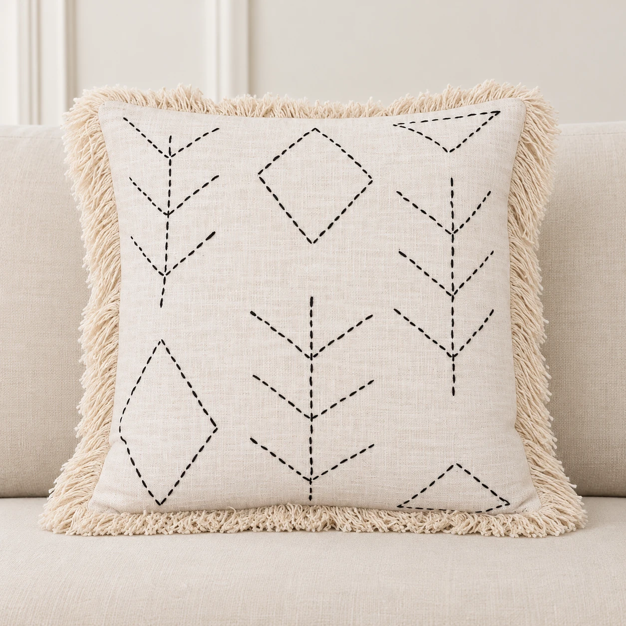 Indihomecraft Handicraft Cotton Cushion Cover - Hand Kantha Embroidery Decorative Art Boho Pillow Block Woven Pillow Cover | Square Shape 20X20 Inches Cushion Covers, Set of 1