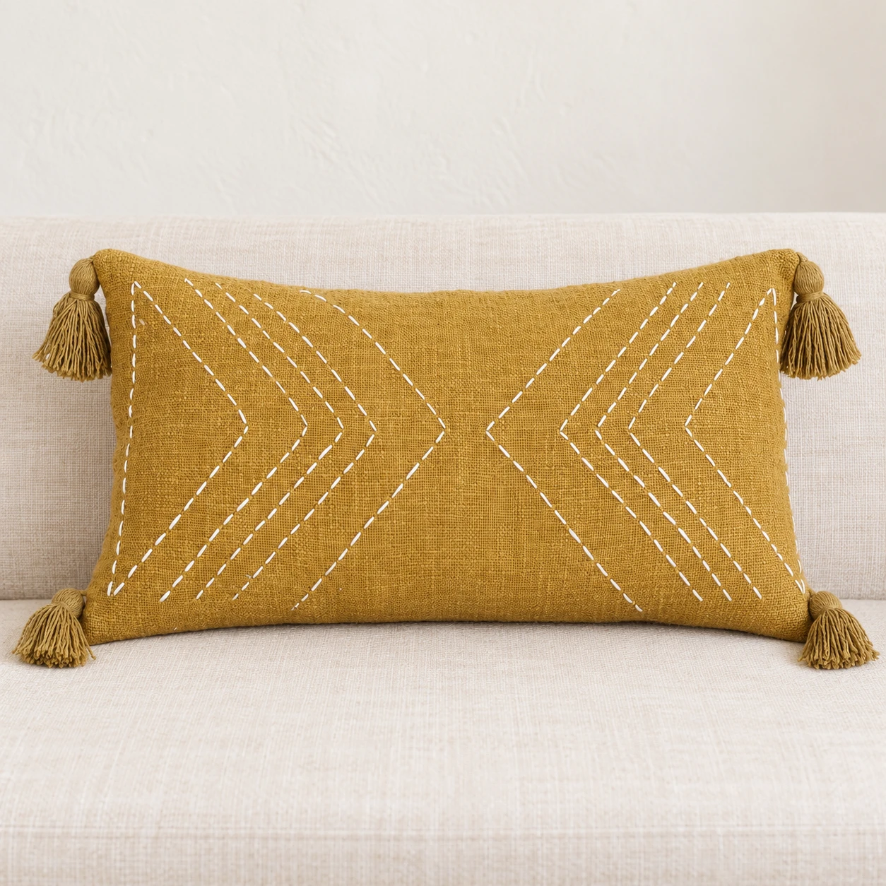 Indihomecraft Handicraft Cotton Cushion Cover - Hand Kantha Embroidery Decorative Art Boho Pillow Block Woven Pillow Cover | Rectangle Shape 14X24 Inches Cushion Cover, Set of 1