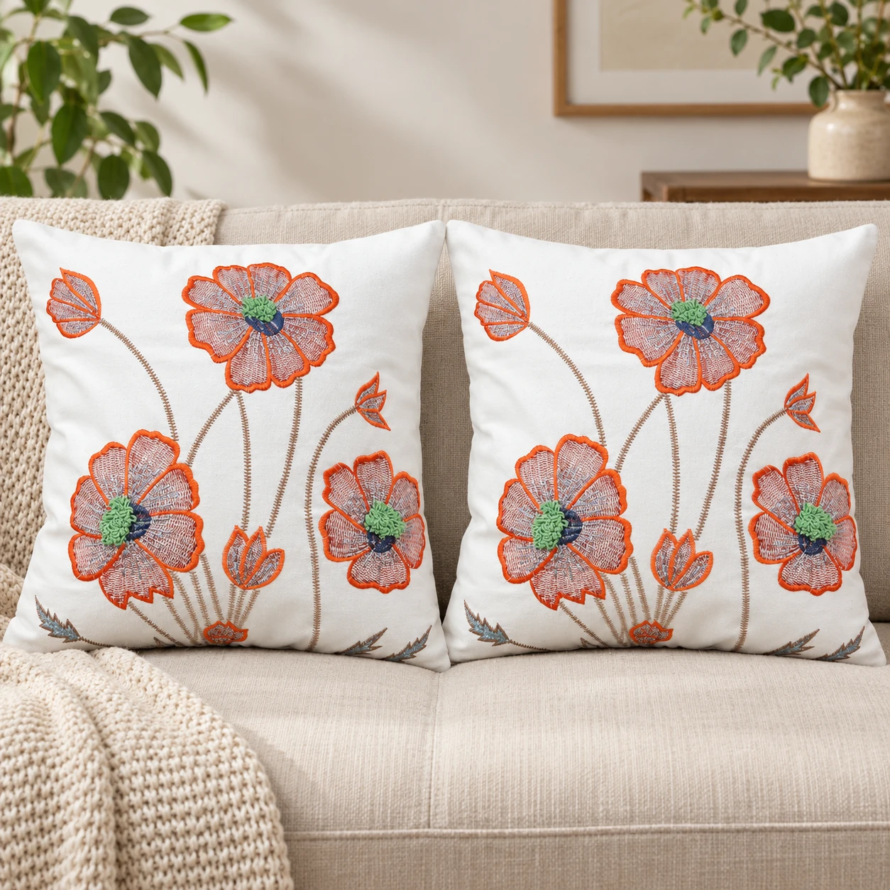 Indihomecraft Orange and White Tufted Embroidered Cushion Cover Hand Craft Inspired Decorative Boho Cushion Cover for Sofa Couch Swing Chair Living Room & Bedroom 18 x 18 Inches, Pack of 2