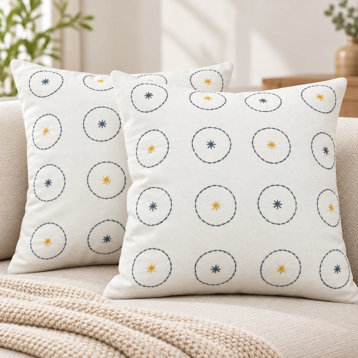 Indihomecraft Handicraft Cotton Cushion Cover - Hand Stitched Embroidery Decorative Art Boho Pillow Boho Round Shape Hand Made Pillow Cover | Square Shape 18X18 Inches Cushion Cover Set of 2