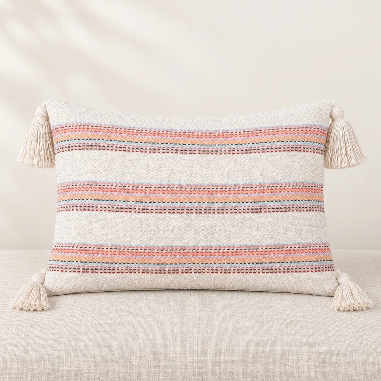 Indihomecraft Hand Stitched Embroidery Cushion Cover | Handmade Off-White and Red Woven Tassel Pillow Cover | Rectangle Shape 14X20 Inches Cushion Cover