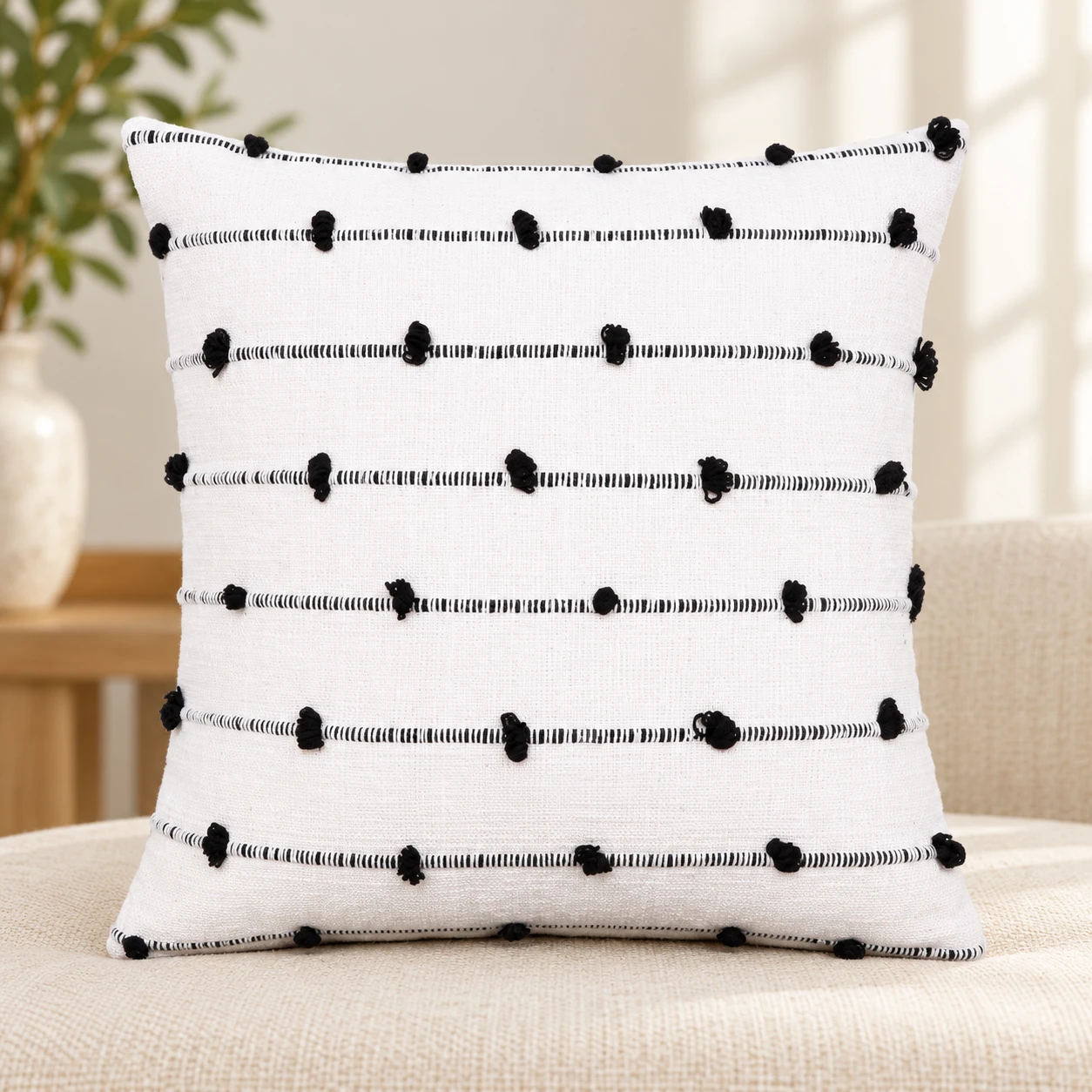 Indihomecraft Cotton Cushion Cover, Hand Stitched Embroidery, White and Black Decorative Art, Boho Pillow, 18x18 Inches, Set of 1 45x45 Cm