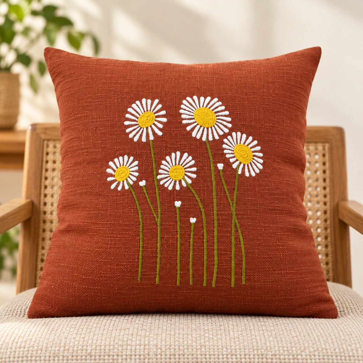 Indihomecraft Brick Red Cushion Cover Hand Woven Flower Emb Inspired Decorative Boho Cushion Cover for Sofa Couch Swing Chair Living Room & Bedroom 18x18 Inches, Pack of 1