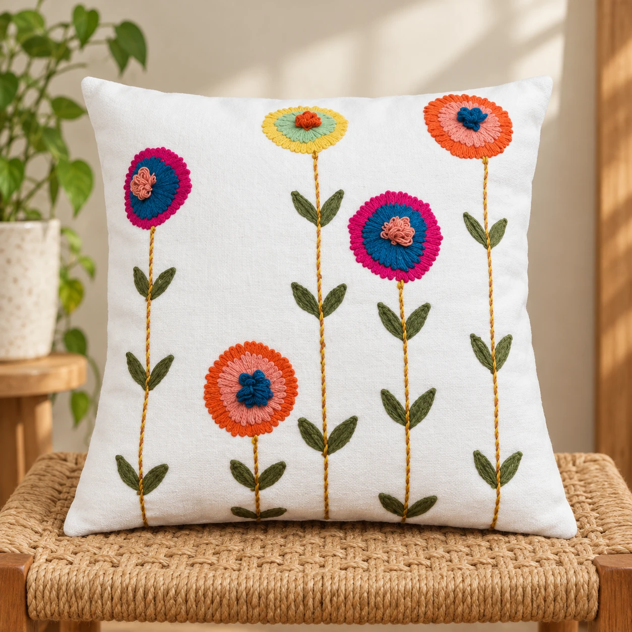 Indihomecraft Handicraft Cotton Cushion Cover - Hand Stitched Embroidery Decorative Art Boho Pillow Flower Shape Hand Made Pillow Cover | Hand Stitch Square Shape 18X18 Inches Cushion Cover, Set of 1