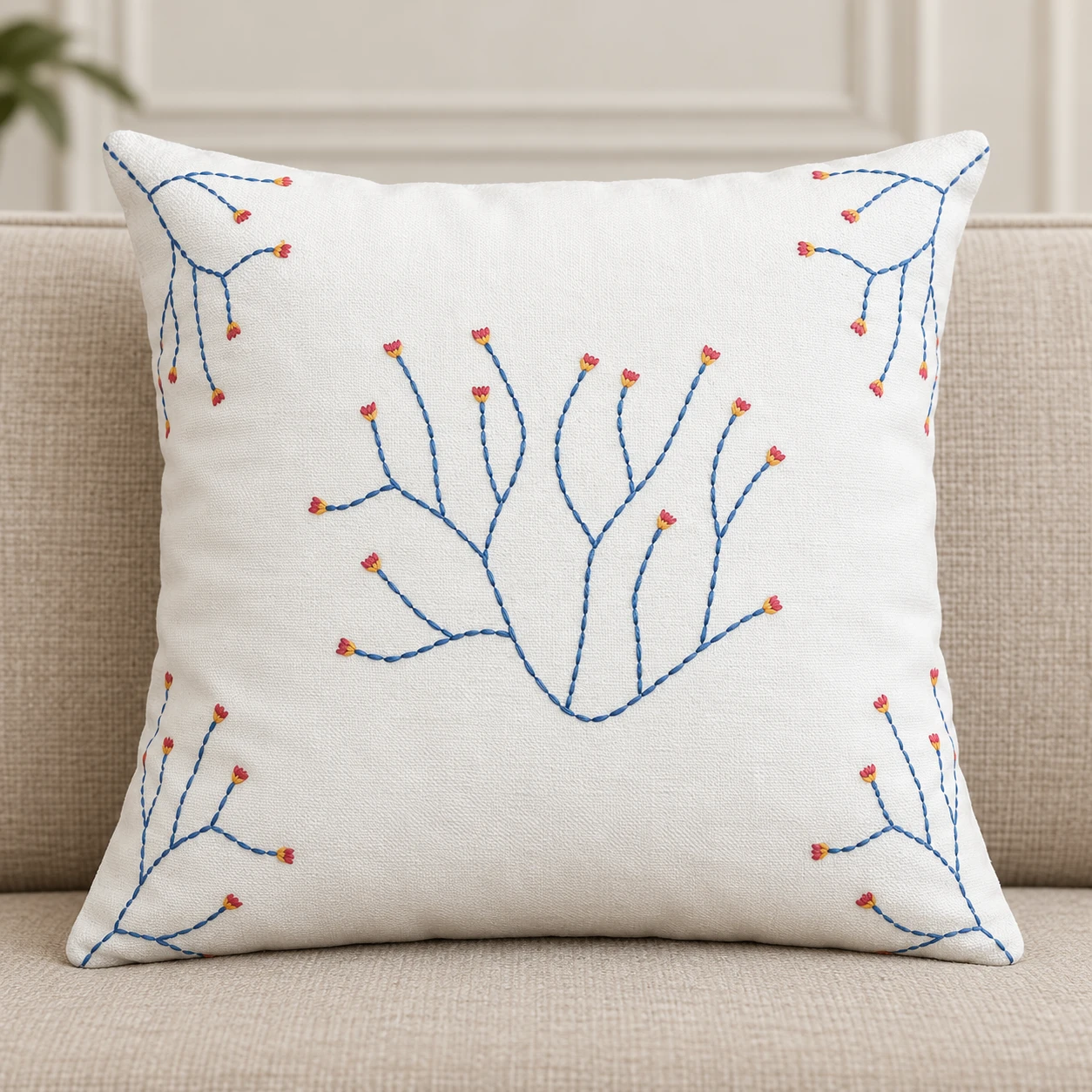 Indihomecraft Cushion Cover Hand Embroidery Inspired Decorative Boho Cushion Cover for Sofa Couch Swing Chair Living Room & Bedroom 18 x 18 Inches, Pack of 1
