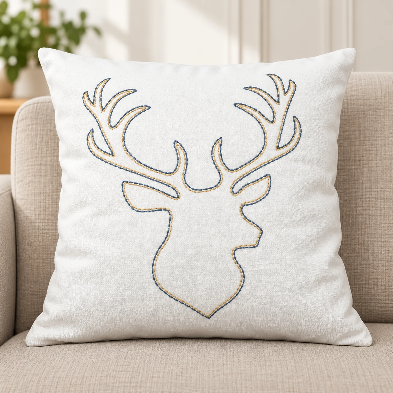 Indihomecraft Handicraft Cotton Cushion Cover - Hand Stitched Embroidery Decorative Art Boho Pillow Dear Animal ShapeHand Made Pillow Cover | Square Shape 18X18 Inches Cushion Cover Set of 1