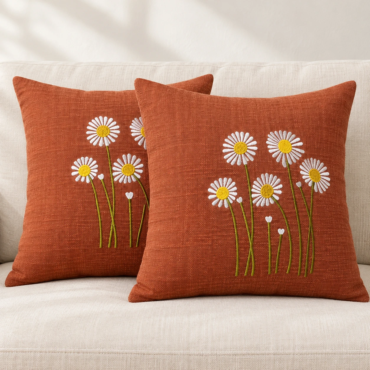 Indihomecraft Handicraft Cotton Cushion Cover - Hand Stitched Embroidery Decorative Boho Pillow Sun Flower Shape Hand Made Pillow Cover | Hand Stitch 18X18 Inches Cushion Cover, Set of 2