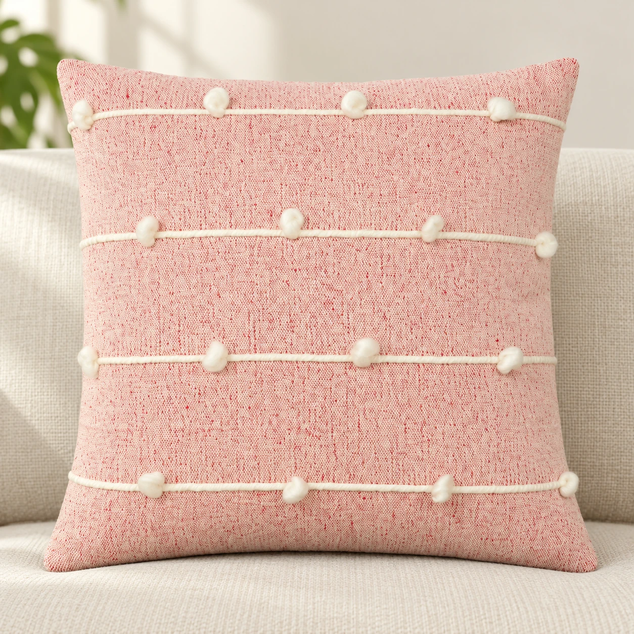 Indihomecraft Handicraft Cotton Cushion Cover | Hand Stitched Embroidery | Pink Decorative Art Boho Pillow | Handmade Woven Pillow Cover | Square Shape 18X18 Inches Cushion Cover