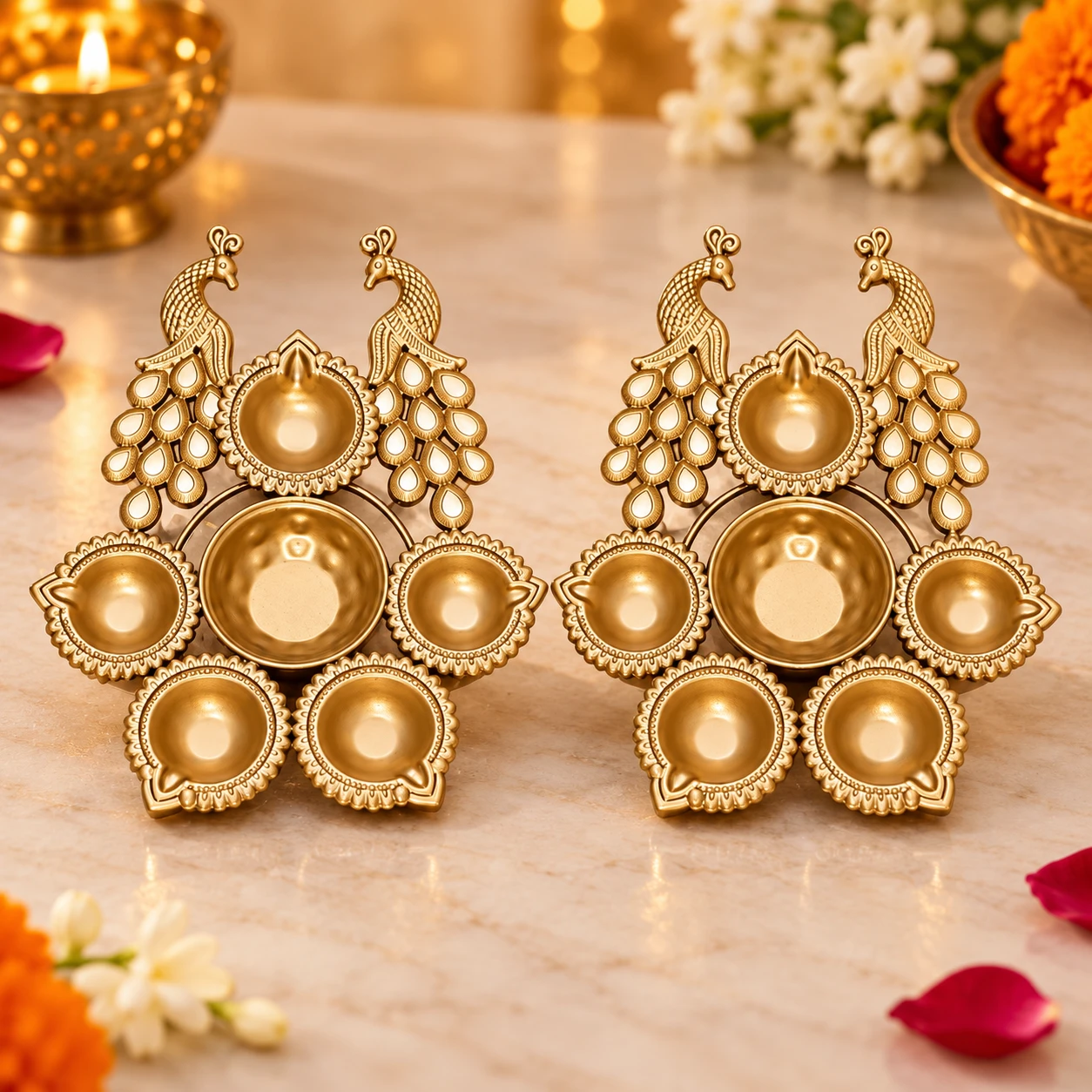 VOIDROP Brass Peacock Diya Set for Home Decor, Traditional 6 Diya Stand for Pooja, Diwali & Festivals, Decorative Brass Oil Lamp for Living Room, Temple & Gifting (Pack of 2)