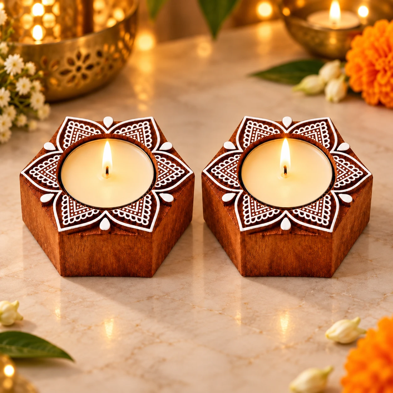 Wooden Lotus Tealight Candle Holder Set