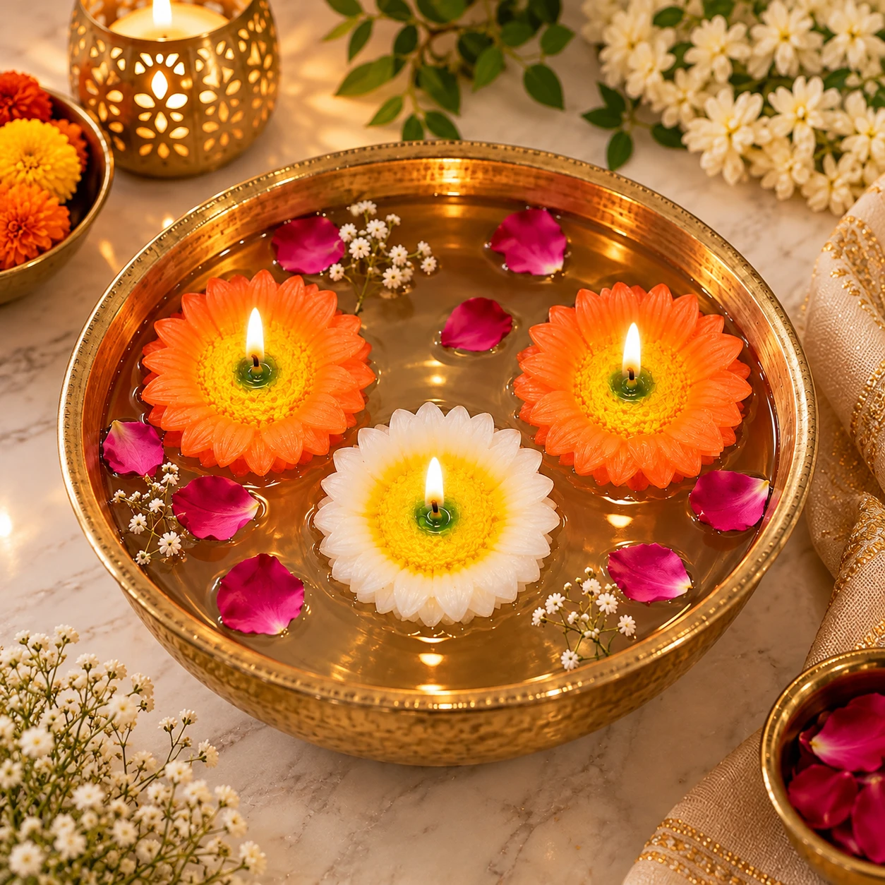 Floating Flower Candles Set of 3, Multicolour Decorative Water Floating Candles for Diwali, Pooja, Home Décor, Table Decoration, Wedding & Festive Decoration
