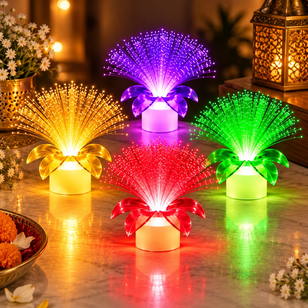 Flower LED Tealight Candles Set of 4, Color Changing Fiber Optic Light Decorative Candle for Home, Diwali, Party & Festive Décor