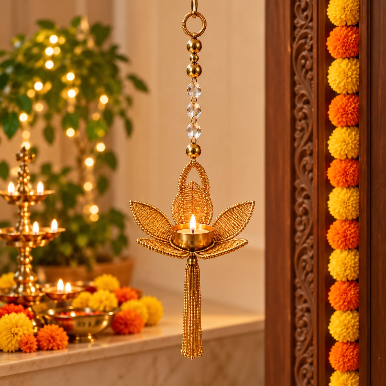 VOIDROP Gold Lotus Tealight Candle Holder Hanging, Metal and Crystal Beads, Traditional Indian Urli/Diya for Diwali Decoration, Living Room Wall Decor, Set of 1