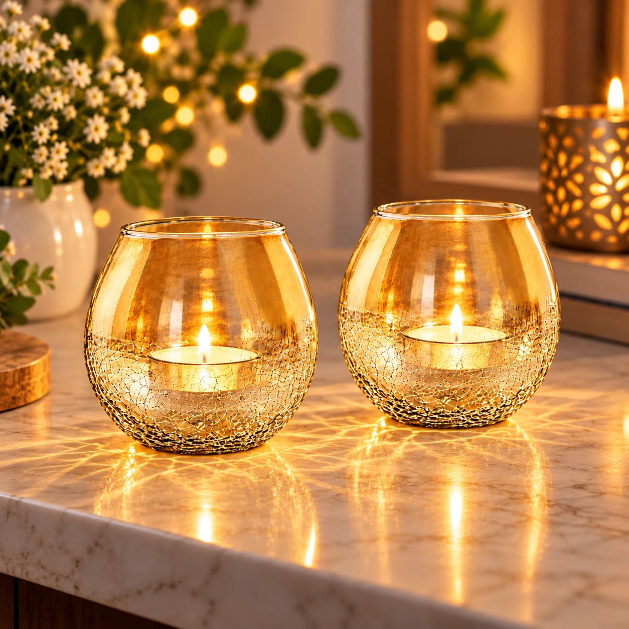 VOIDROP Amber Crackle Glass Tealight Candle Holders Set of 2 | Decorative Votive Candle Stand for Home Décor, Table, Bedroom & Festive Decoration