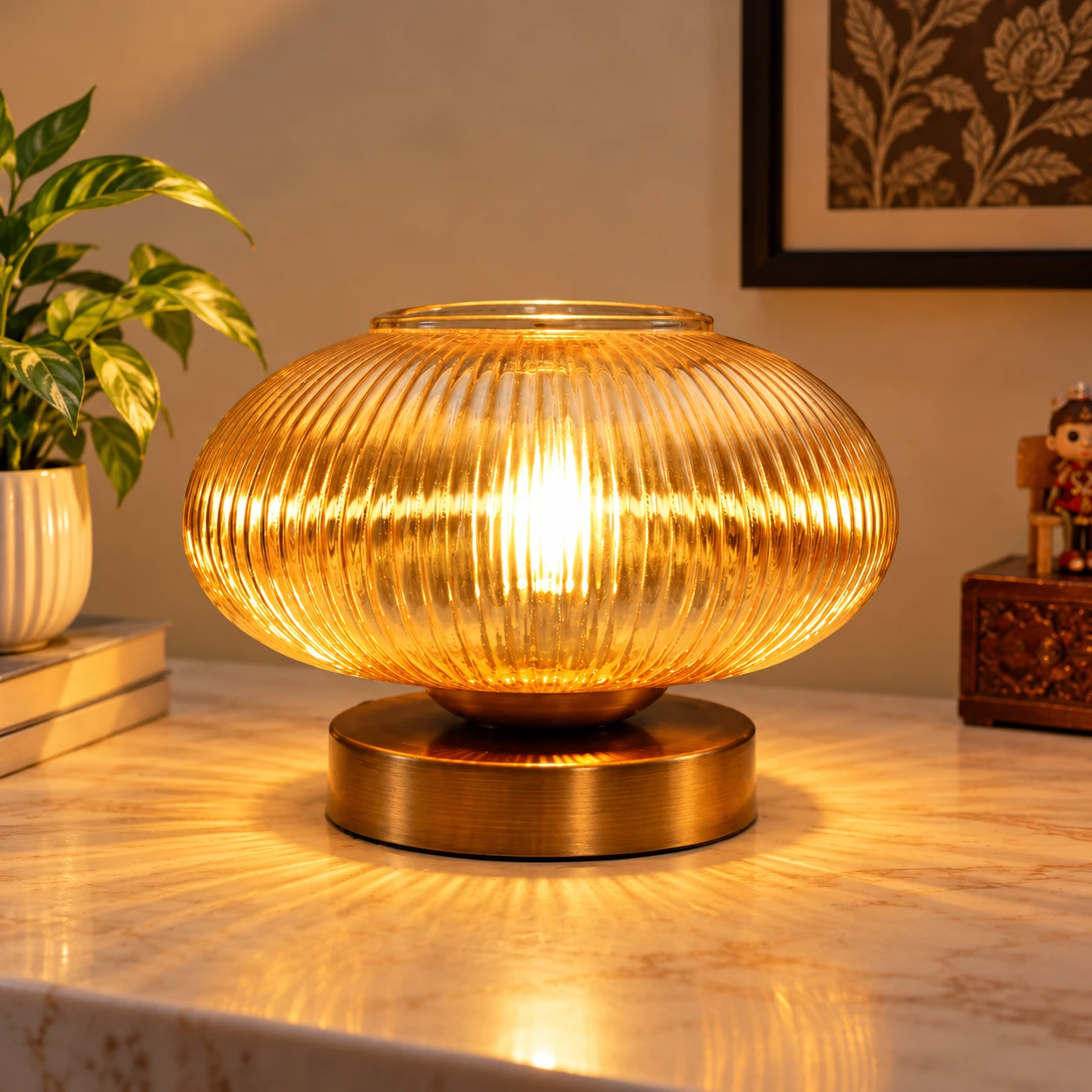 Modern Ribbed Amber Kachori Glass Table Lamp | SKE-150007_MRAKGTL