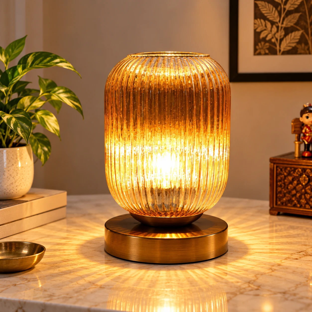 Amber Ribbed Glass Table Lamp | SKE-150006_ARGTL