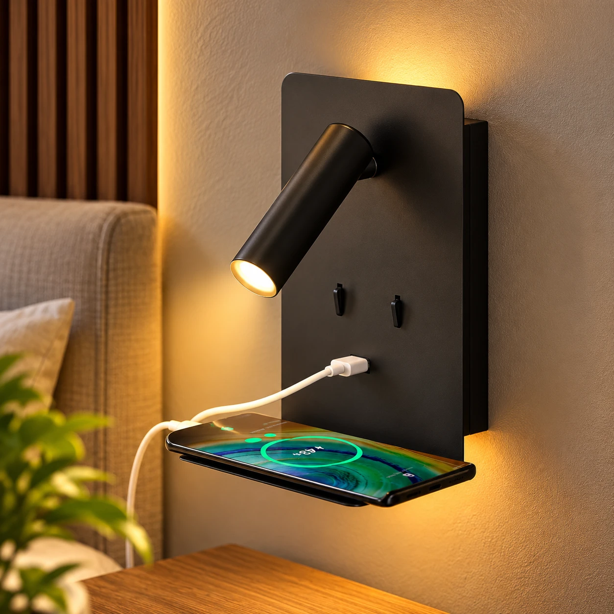 PRMOAGEN Wall Mounted Reading Lights with Shelf, LED Novelty Wall Sconce with Backlight USB 5V Phone Fast Charging Port for Bedroom Home Decor (Black)