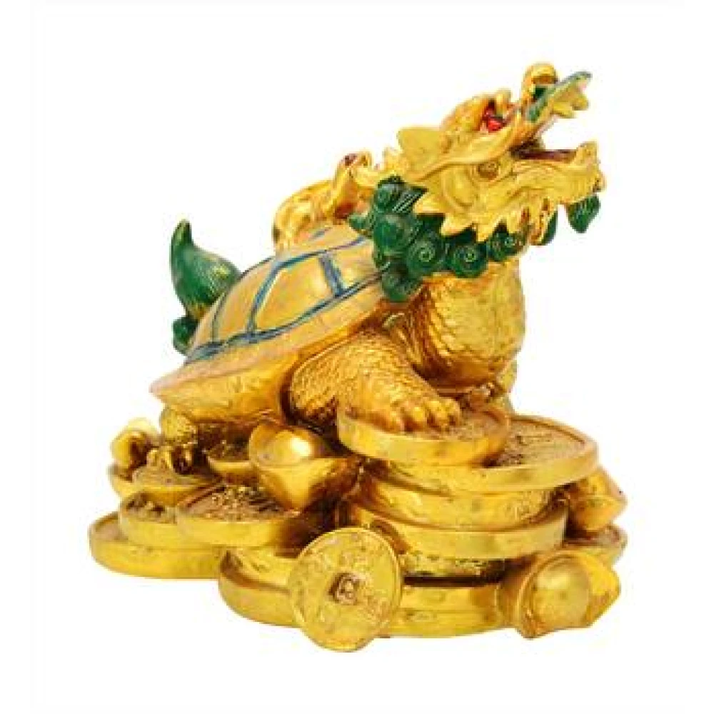 FengShui Polyresin Golden Money Dragon With Baby Turtle for Good Luck and Prosperity Showpiece (10 x 6 x 7 CM, Golden).