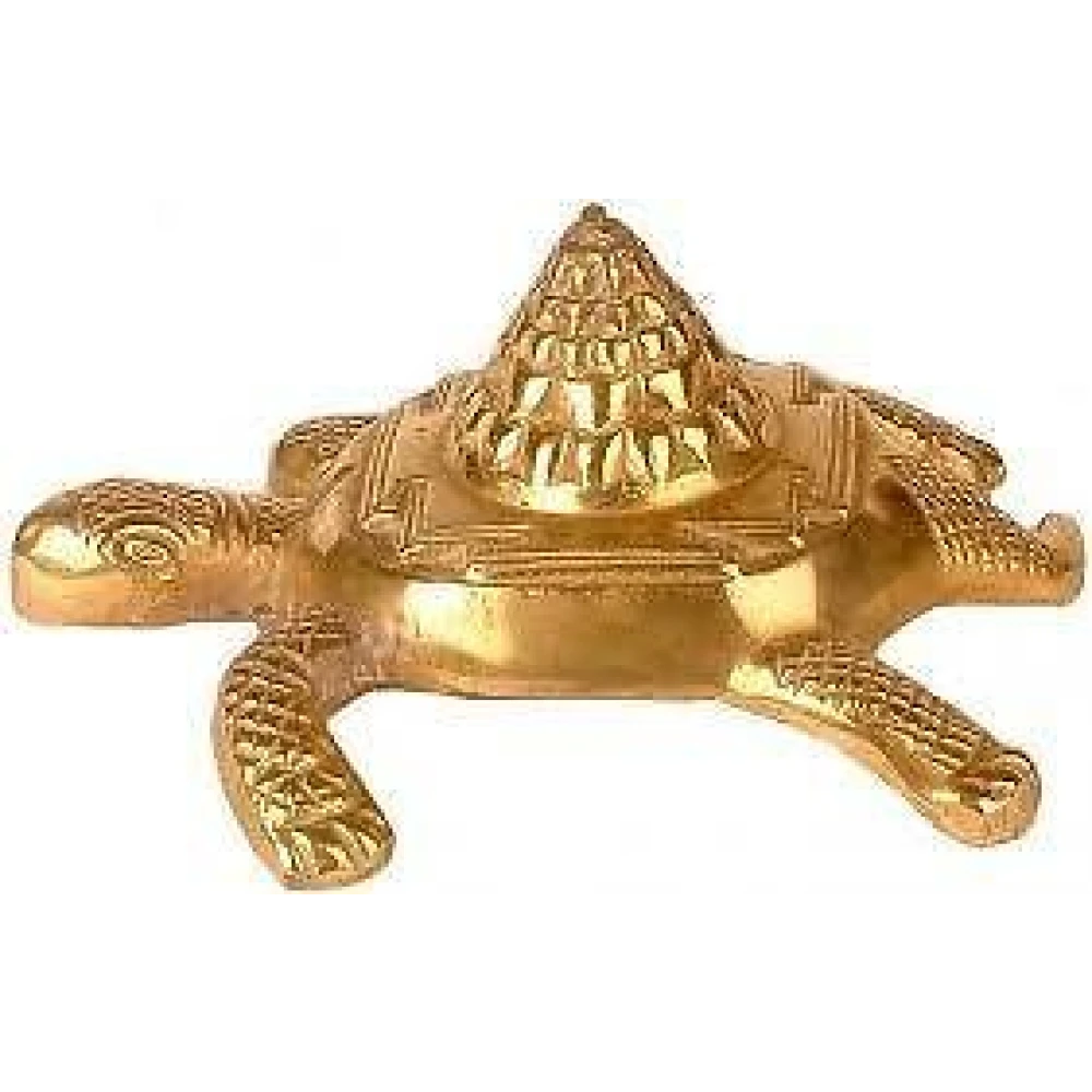 Zinc Meru Shree Yantra on Kachua - Tortoise For Pooja (7 x 5.5 x 3 cm ) Golden.