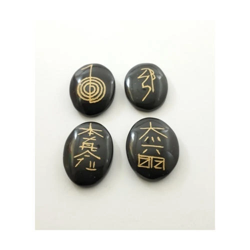 Reiki Symbolic Carved Stones Set In Black Agate Oval Shape (Set of 4 Piece).