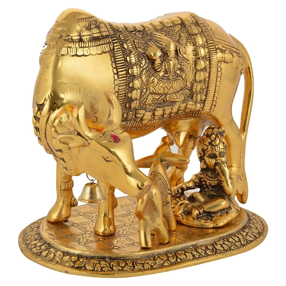 amdhenu Metal Cow with Calf & Ladu Gopal Figurine 6 Inch Showpiece.