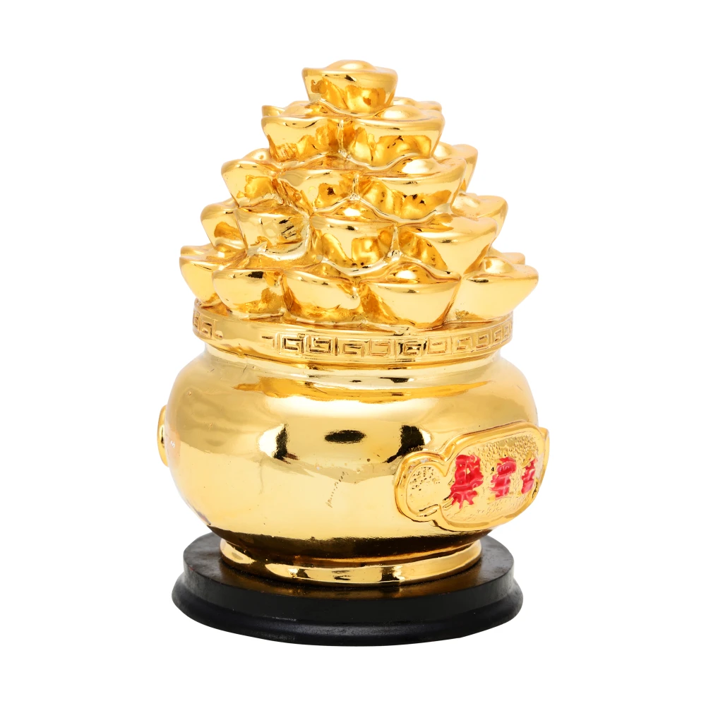 FengShui Wealth Luck Charm Wealth POT with Golden Ingots and Coins ( 6 X 6 X 7 CM, Golden ).