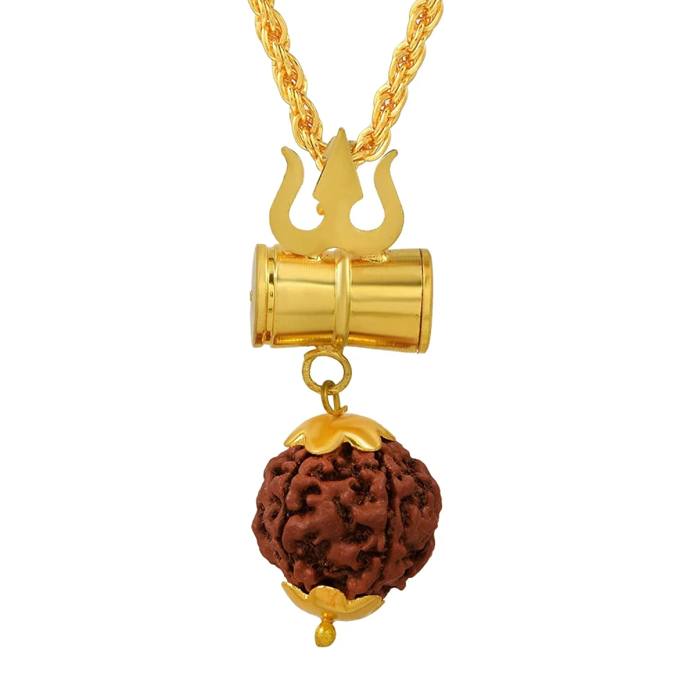 Gold Plated Shiv Shakti Kavach Lord Shiv Trishul Damru Locket with Panchmukhi Rudraksha.