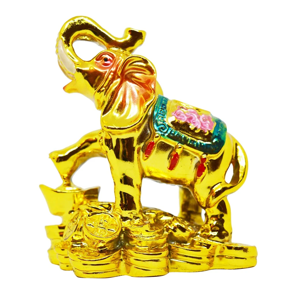 FengShui Polyresin Golden Elephant Statue Figurine For Showpiece (7.5 x 5 x 9cm ) Golden.