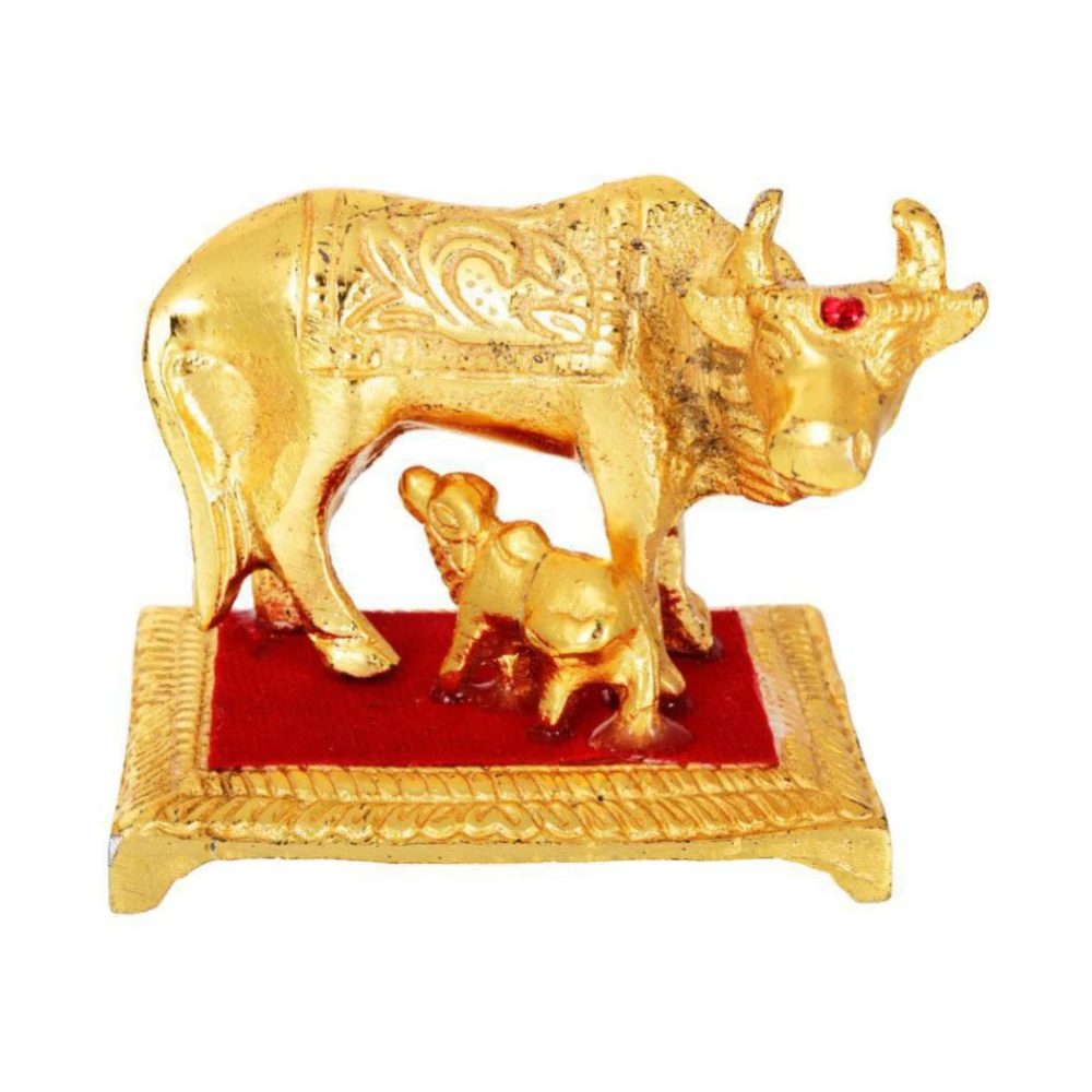 Metal Cow with Calf Figurine (8.5 x 5.5 x 5 cm)Golden.