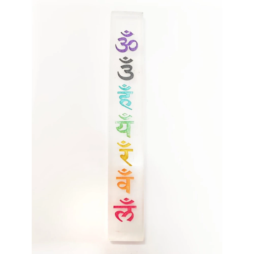 White Selenite Incense Stick Holder Carved Colourful Seven Symbols.