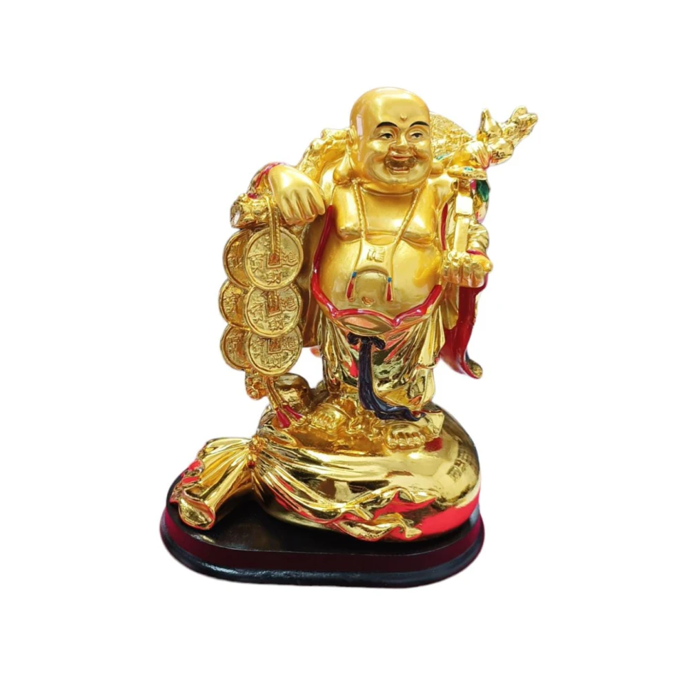 Golden Laughing Buddha on Sack of Gold for good luck. Decorative Showpiece ( 14 x 9 x 18 Cm, Gold).