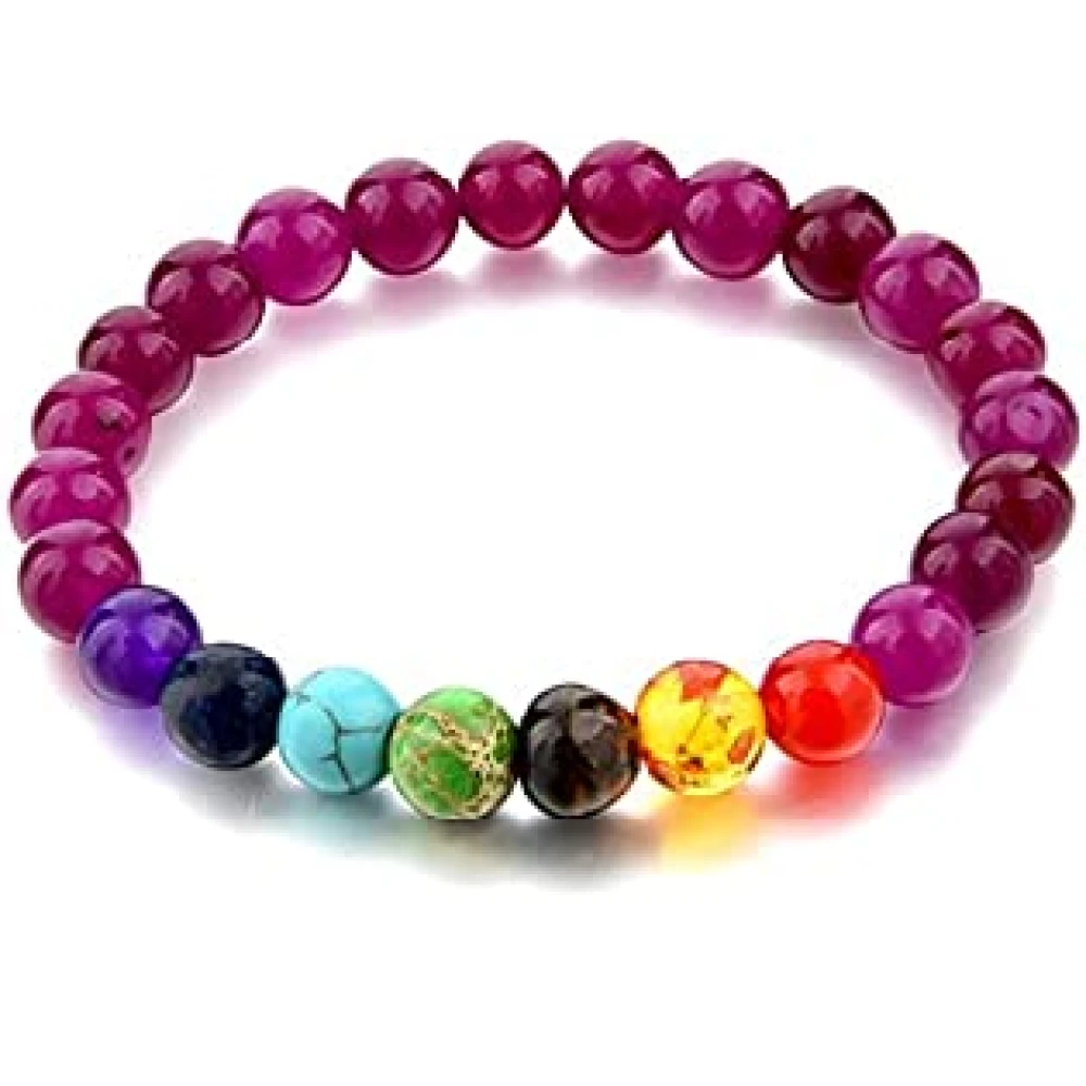 Hakik Agate Ruby Colour Stretchable Bracelet With Seven Chakra Stone.