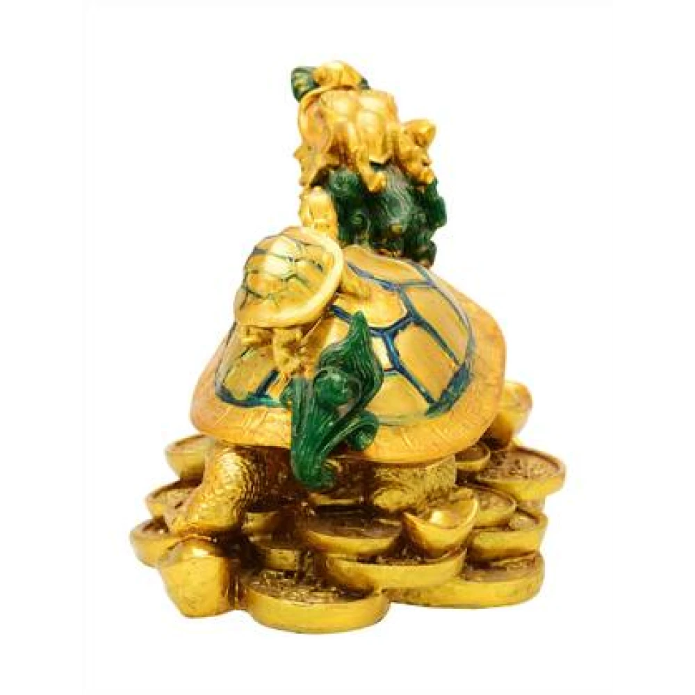 FengShui Polyresin Golden Money Dragon With Baby Turtle for Good Luck and Prosperity Showpiece (10 x 6 x 7 CM, Golden).
