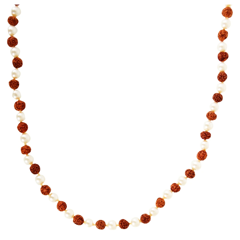 Natural Rudraksh and Pearl Stone Prayer Rosary Mala 7 MM 54+1 Beads(54 rudraksha + 54 pearl)quality : best.