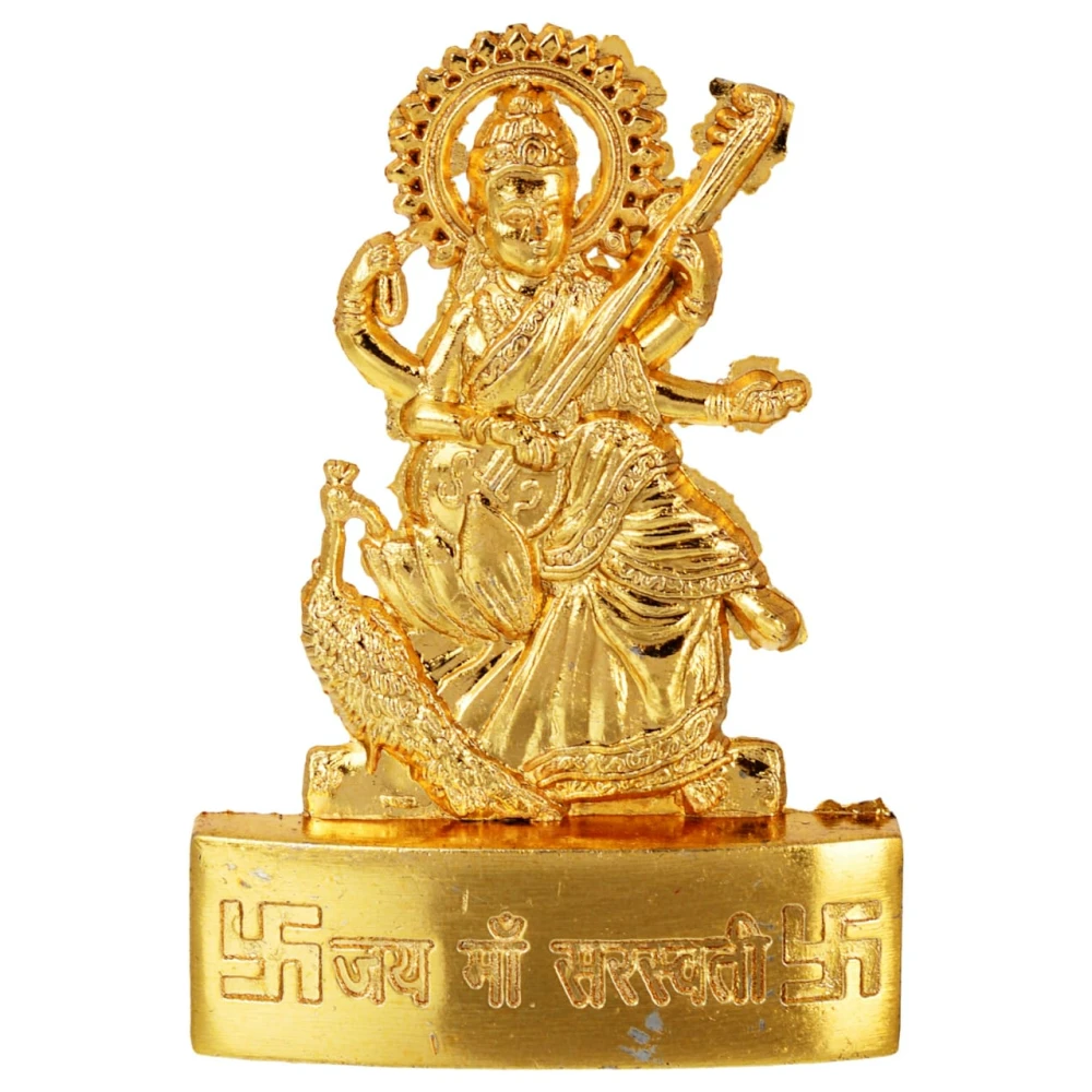 Golden Plated Goddess Sarswati Idol Showpiece Statue for Temple and Home Decor.