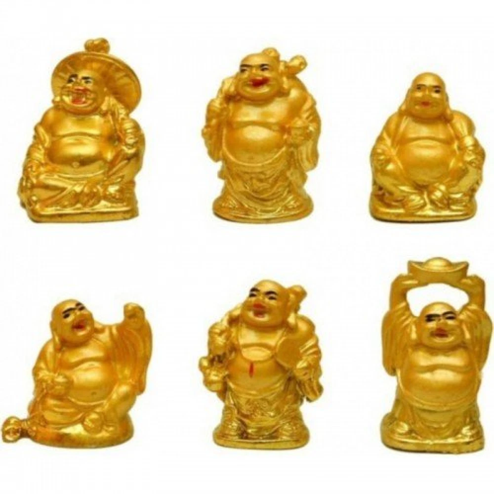 Polyresin Golden Laughing Buddha Set Of Six Pieces  Statue For Happiness.