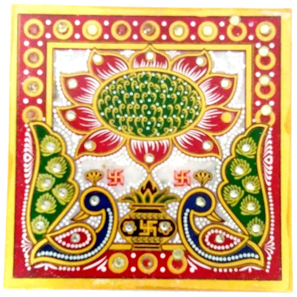 Lotus Painted Marble Chowki (10 x 10 x 2.5 cm)